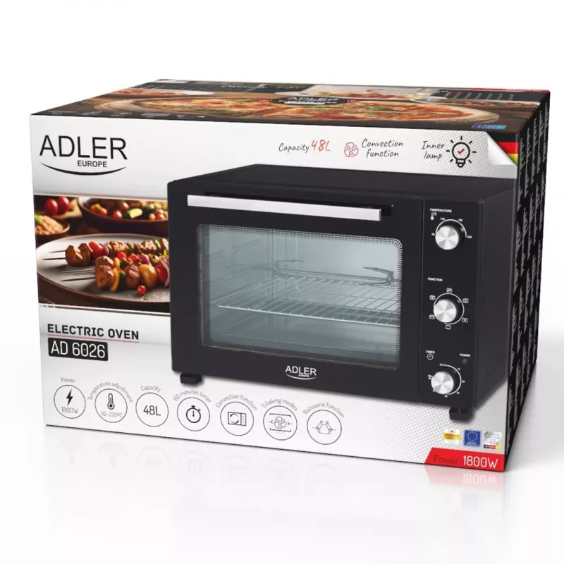 Elektriline kompaktne lauaahi Adler AD 6026 — 48 L maht, 1800 W, vabalt paigaldatav, mehaaniline taimer