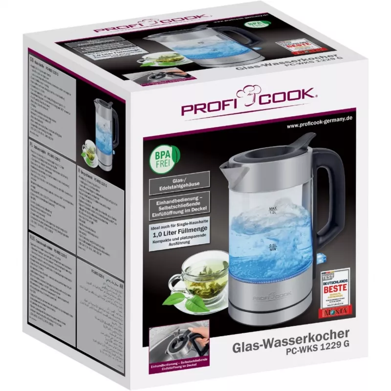 ProfiCook PC-WKS 1229 G elektriline veekeetja 1 L 1600 W roostevaba teras, läbipaistev
