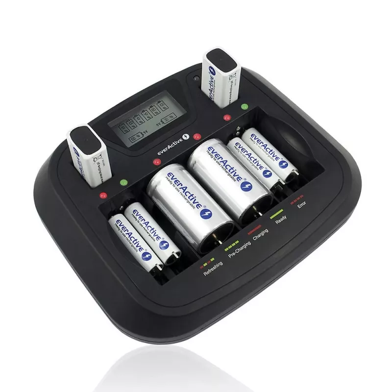Akulaadija everActive NC-900U Universal DC — laeb AA, AAA, C, D, 9V, kuni 6 elementi, must