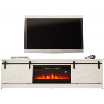 Telerikapp integreeritud elektrikaminaga Cama Meble GRANERO mudel RTV GRANERO + KOM B/B, 200x56.7x35 cm, valge/läikvalge, 2 ust, 2 riiulit, MDF/puitlaastplaat