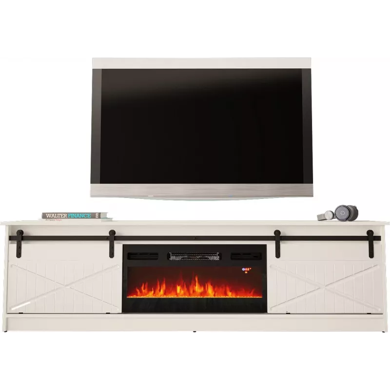 Telerikapp integreeritud elektrikaminaga Cama Meble GRANERO mudel RTV GRANERO + KOM B/B, 200x56.7x35 cm, valge/läikvalge, 2 ust, 2 riiulit, MDF/puitlaastplaat