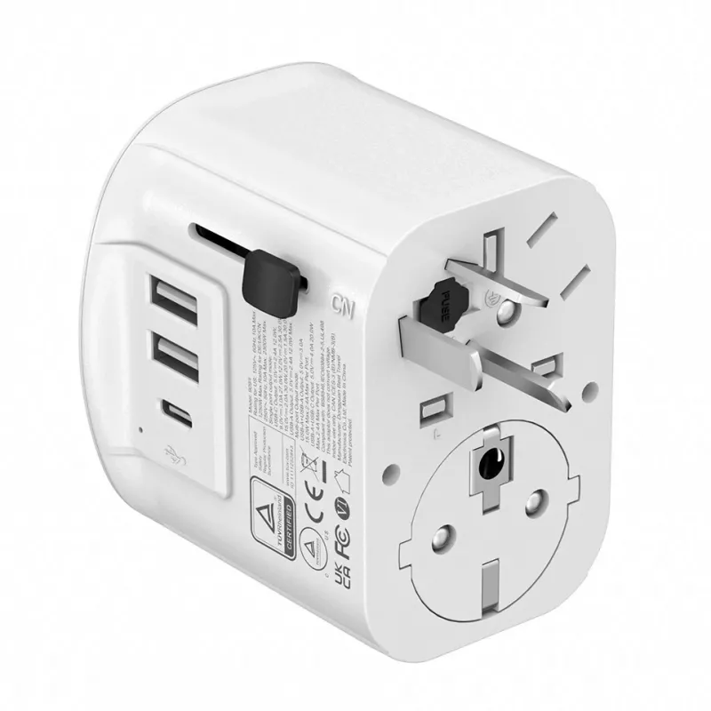 Reisiadapter GEMBIRD TPA-EU2A1C15-01-W — 15W, Type E pistik, 2× USB-A + 1× USB-C, 100–250V