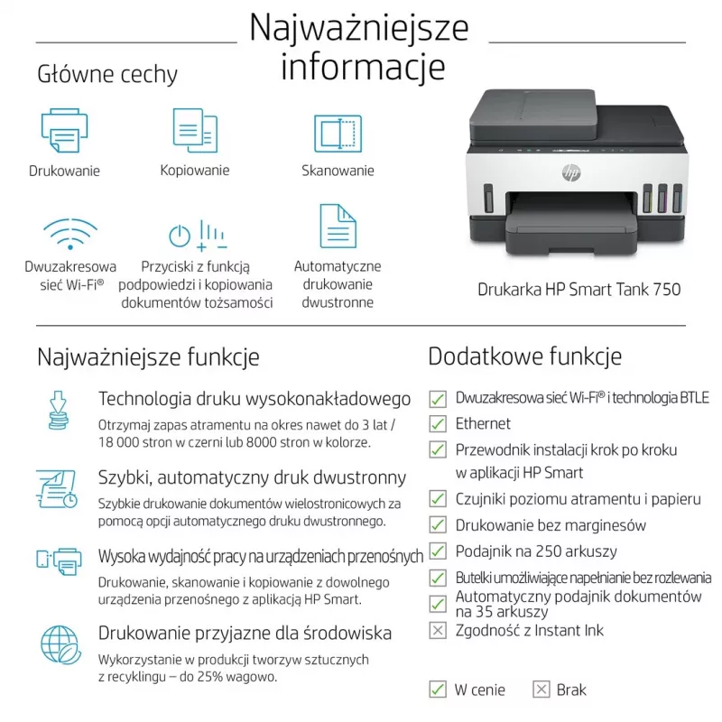HP Smart Tank 750 multifunktsionaalne printer, pidev tindivarustus, värviline, Wi-Fi, Smart App, dupleks, ADF automaatne dokumendisöötja