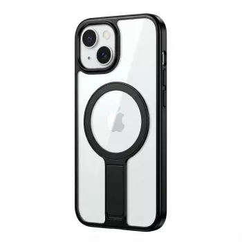 Kaitseümbris GUAN Apple iPhone 16 jaoks 10H karastatud klaasiga ja sisseehitatud tugijalaga, läbipaistev/must
