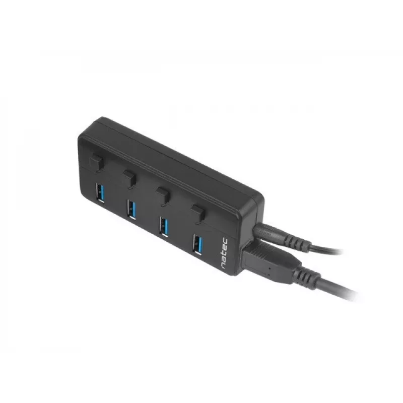 USB-jaotur NATEC MANTIS USB 2.0 Type-B — 4x USB 3.2 Gen 1 Type-A porti, must, 0,8 m kaabel, vahelduvvooluadapter, toitelüliti