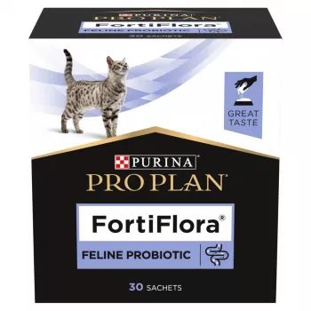 Probiootiline toidulisand Purina Pro Plan FortiFlora 30 x 1 g kotikesed kassidele — pulber, toetab soolestiku mikrofloorat ja immuunsust