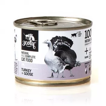 Märg kassitoit 3coty Kalkun ja hani 180 g kotike — täiskasvanule, täisväärtuslik toit, valk 19%, rasv 13%, niiskus 64,7%