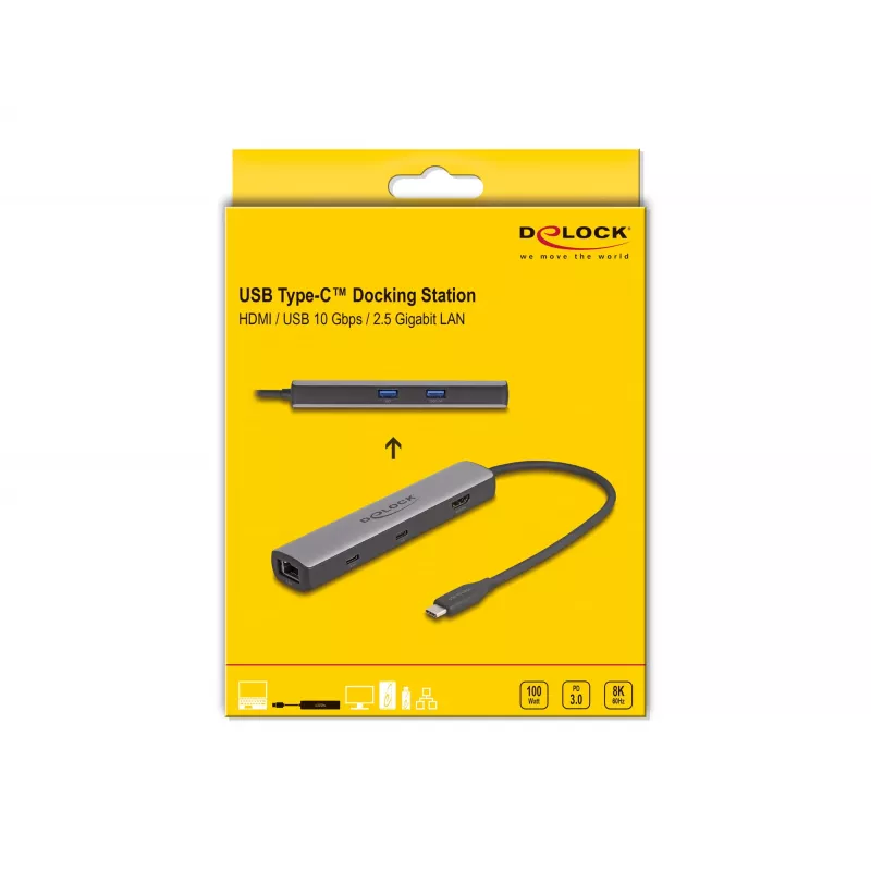 DeLOCK USB USB-C dokkimisjaam 8K HDMI USB 10 Gbps 2.5 Gigabit LAN PD 100W