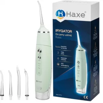 Juhtmeta suuveeirrigaator Haxe RUBIS HX 716 — veesurve 30–90 psi, 3 võimsustaset, 0,165 L paak, 4 otsikut, roheline