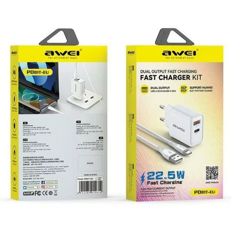 Awei võrgulaadija PD81T-EU 22.5W, USB-kaabli ja USB-C-ga, valge, GaN