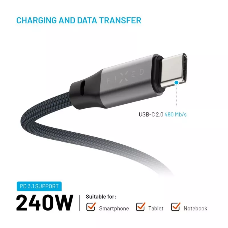 USB-C–USB-C magnetiline punutud kaabel FIXED FIXDBM-CC12-GR, USB 2.0, 1,2 m, hall