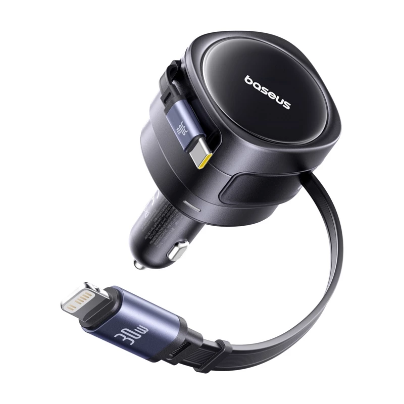 Car Charger Baseus Enjoyment Max 60W with USB‑C and Lightning cables, dual‑port fast charging