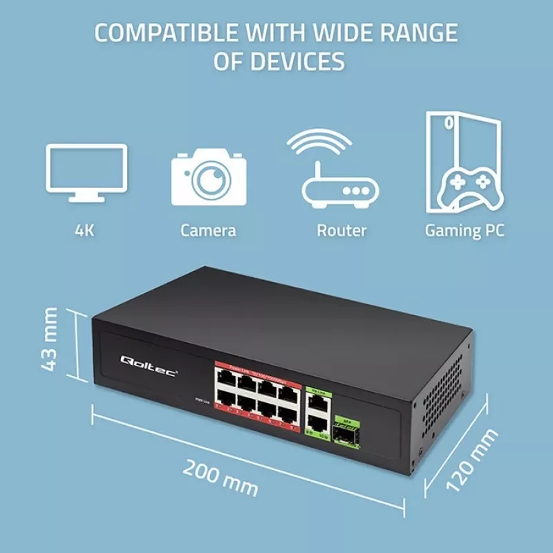 Etherneti kommutaator QOLTEC 52297 PoE RJ45 koos PoE üleslingi ja SFP-pordiga