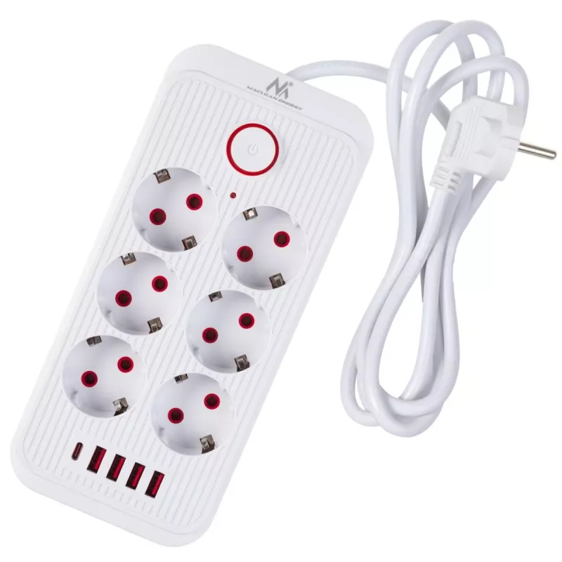 Pistikupesadega pikendusjuhe MACLEAN MCE389 W — 6 pistikupesa, 4×USB-A, 1×USB-C, 2500 W, 110–240 V, 1,5 m kaabel, valge