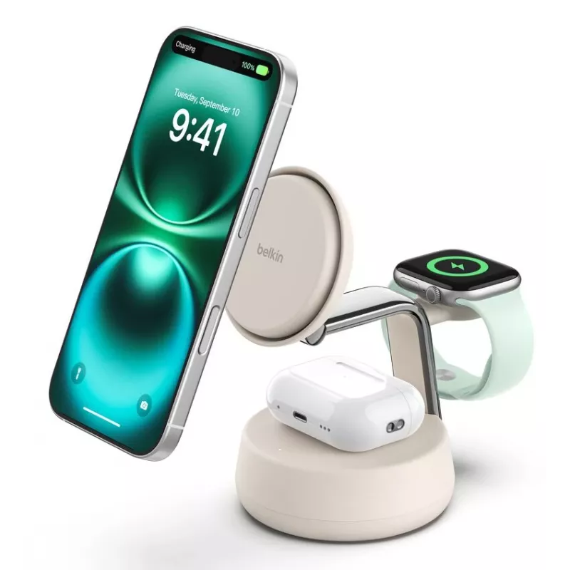 Juhtmeta USB-laadija Belkin Qi2 WIZ040KQSD — 25 W, USB toide, 1,5 m kaabel, valge, nutitelefonile nutikellale kõrvaklappidele treeningujälgijale