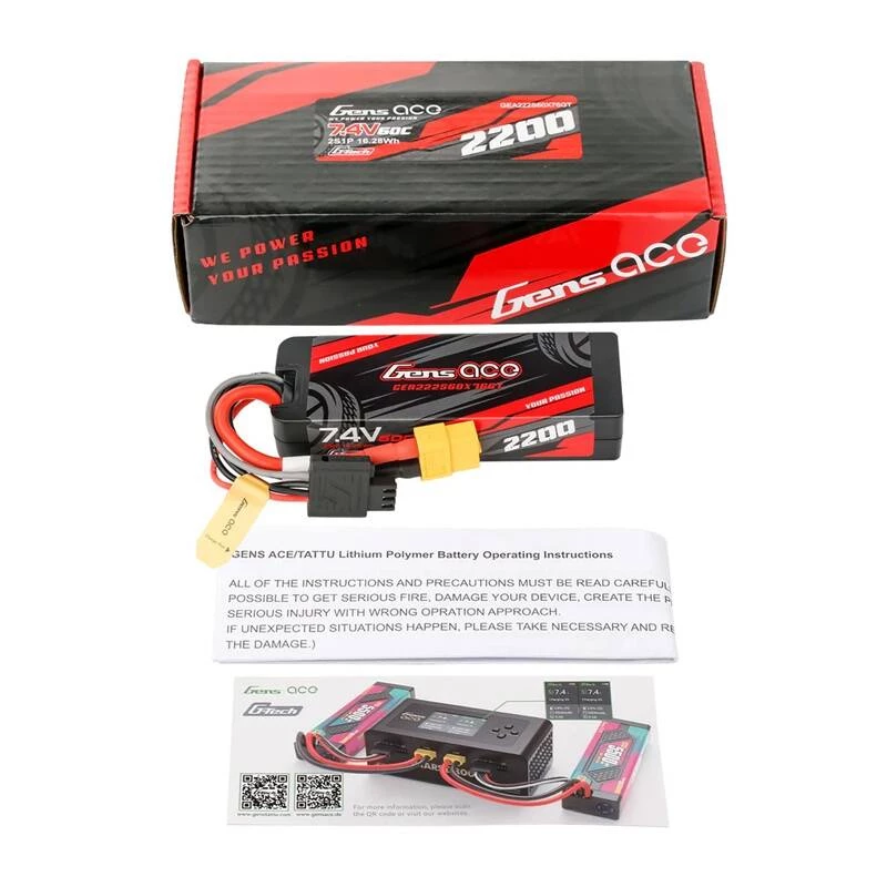 Lipo Gens ace G-Tech 2200mAh 7.4V 2S1P 60C GRP-76 Hardcase aku XT60 pistikuga