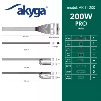Akyga AK-I1-200 200 W Flex ATX toiteplokk, passiivne PFC, 40 mm ventilaator, hall
