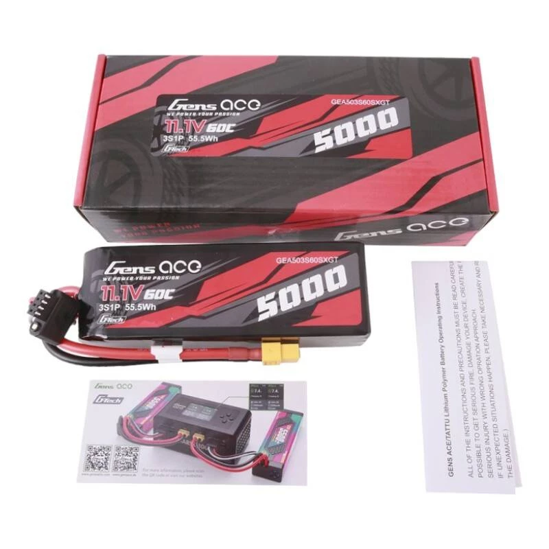 Gens ace G-Tech 5000mAh 11.1V 60C 3S1P Lühikese suurusega LiPo XT60 pistikuga