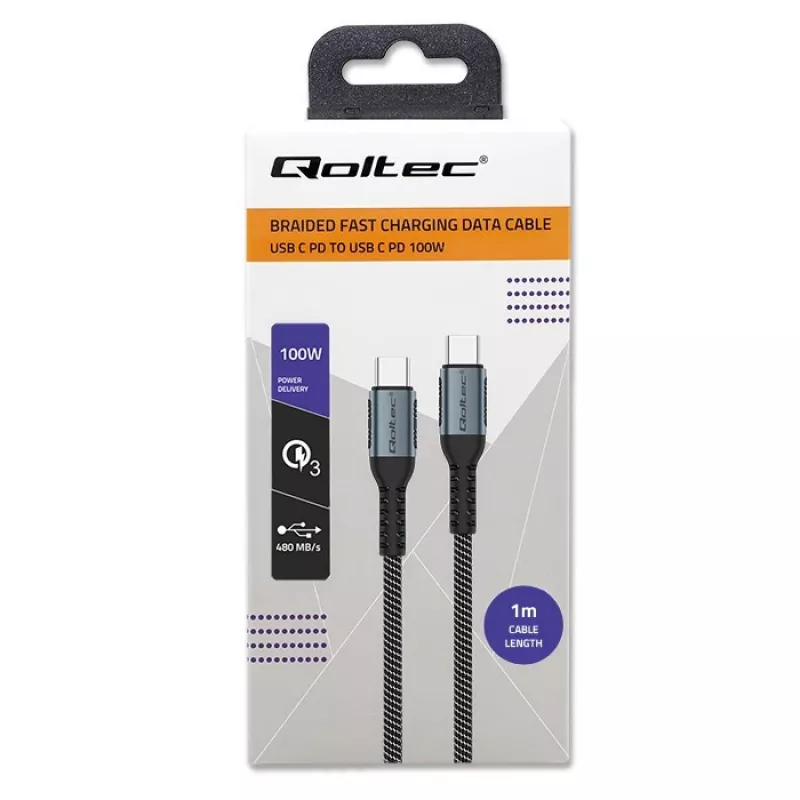 Qoltec kaabel USB 2.0 Type C USB 2.0 Type C 100W QC 3.0 PD 1m must