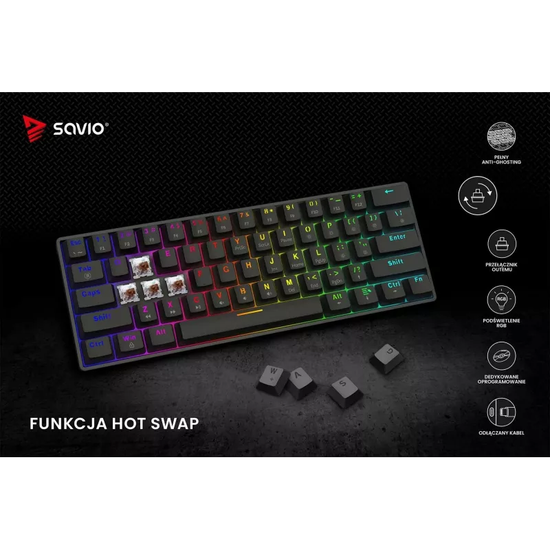 Mehaaniline mänguklaviatuur SAVIO MustOUT X2 BROWN 61-klahviga 60% USB QWERTY RGB Outemu Brown