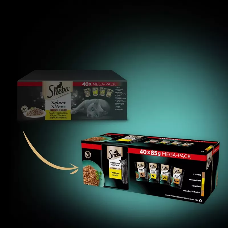 Märg kassitoit Sheba Selection Select Slices linnuliha maitsega, 40 x 85 g topsikut, 7,8% valku, 4,8% rasva