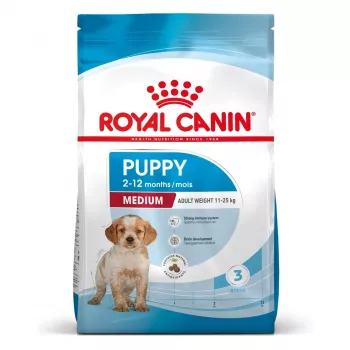 Kuiv koeratoit Royal Canin Medium Puppy 15 kg — keskmist tõugu kutsikatele, kanamaitse, 32% valku, 20% rasva