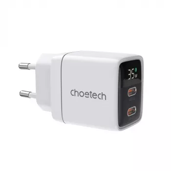 Choetech PD6051 2x USB-C PD 35W GaN seinadapter koos ekraaniga - valge