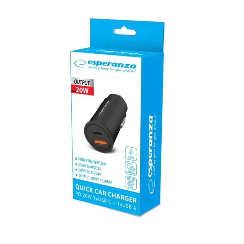 Auto USB-laadija ESPERANZA EZC111K, 20 W (USB-C PD 20W + USB-A QC3.0), sisend 12–24 V, must