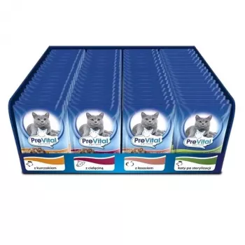 PREVITAL märg kassitoit Mix 4 Flavors — kana, vasikaliha, lõhe, linnuliha, 96 x 100 g kotikest (9,6 kg, täiskasvanud)
