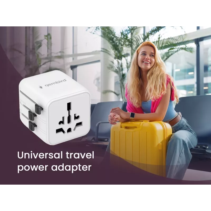 Universaalne reisiadapter GEMBIRD TPA-INT-01-W — sisend 100–250 V, G-tüüpi pistik, kompaktsed mõõtmed 84×56×85 mm