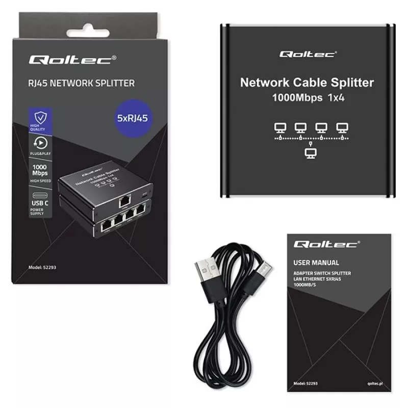 Ethernet mini switch QOLTEC 52293 1x4 RJ45, 1-in 4-out haldamata võrgujagur