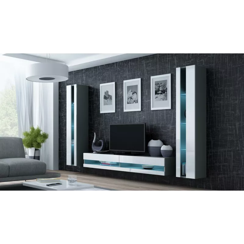 TV-alus Cama Meble VIGO NEW 30/140/40 — 1400×400×300 mm, hall pealispind, puitlaastplaat, hall raam, valged läikivad esipaneelid