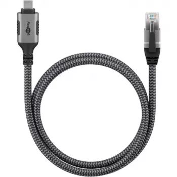 Ethernet-kaabel USB-C 3.2 Gen2 pistik > RJ-45 pistik, LAN-adapter must/hõbedane, 3 meetrit, punutud tekstiilümbrisega