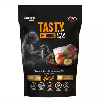 Märg koeratoit BIOFEED Tasty Life junior 90% part 500 g — täissööt kasvavatele kutsikatele, 11,5% valku, 8,5% rasva