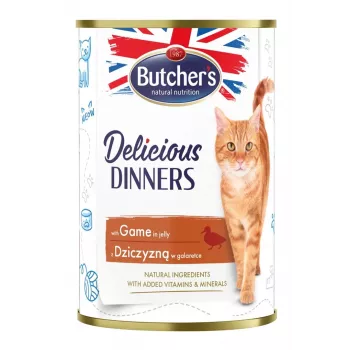 Märg kassitoit Butcher's Delicious Dinners 400 g — Täiskasvanud, ulukimaitse, 82% niiskus, 8,5% valku, 5,5% rasva