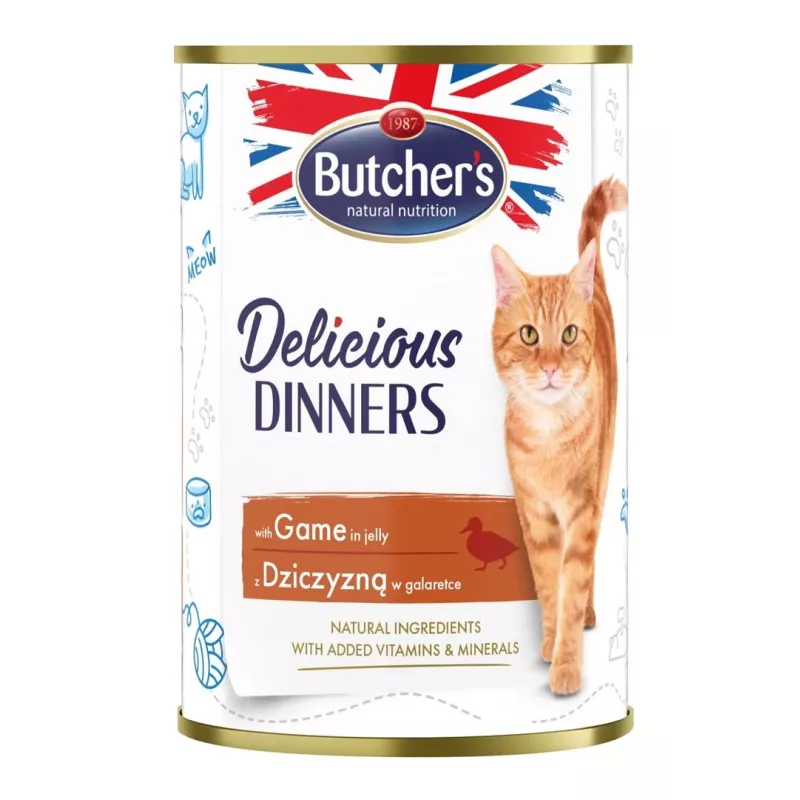 Märg kassitoit Butcher's Delicious Dinners 400 g — Täiskasvanud, ulukimaitse, 82% niiskus, 8,5% valku, 5,5% rasva