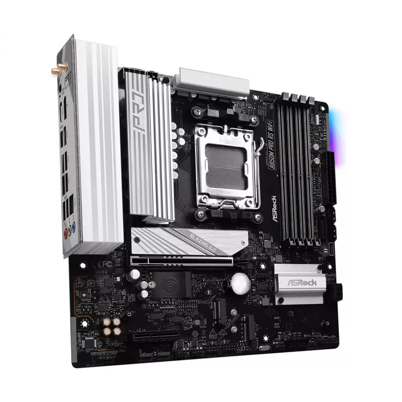 ASRock B850M Pro RS WiFi emaplaat — AMD B850, Socket AM5, microATX, DDR5, 4 DIMM, 256GB, Wi‑Fi 6E, 2.5Gb LAN, 3x M.2