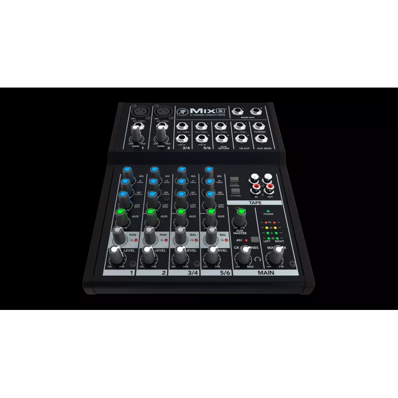 Mixer Mackie Mix8 — 8-kanaliga kompaktne analoogmikser, 20–30000 Hz, 3800 Ω mikrofoni sisend, 198×244×53 mm