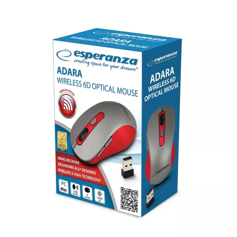 Juhtmevaba optiline hiir ESPERANZA EM131R 2,4 GHz, 1600 DPI, mõlemakäeline, nano-USB-vastuvõtja, 6 nuppu, hall