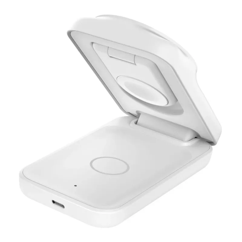 Toas kasutatav laadija Belkin UltraCharge 25 W Qi2 3-in-1 magnetiline laadija EL valge ruudukujuline