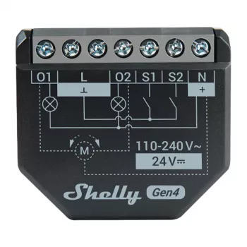 Shelly 2PM Gen4 ruloo- ja aknaluugi ajam 2 kanaliga, AC 110–240V, 2,4 GHz Wi‑Fi, 1,4 W, 8000 KB välkmälu