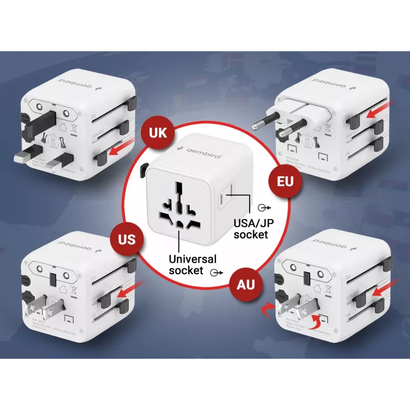 Universaalne reisiadapter GEMBIRD TPA-INT-01-W — sisend 100–250 V, G-tüüpi pistik, kompaktsed mõõtmed 84×56×85 mm