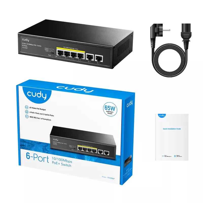 Võrgukommutaator Cudy FS1006P Fast Ethernet 6-pordiline (4 PoE, 1 PoE+) 10/100 Mbit/s, 1,2 Gbit/s ribalaius, metallkorpus, raami/seinale kinnitatav