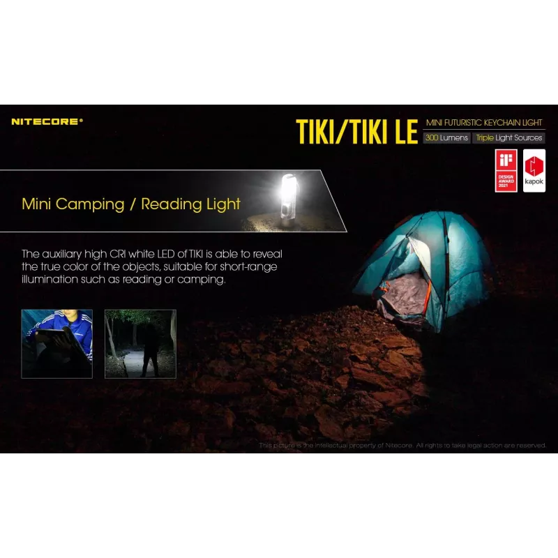 Käsitaskulamp Nitecore TIKI LE — 300 lm, USB-laetav, polükarbonaat, IP66, põrutuskindel, 10,5 g, 55 mm, Must