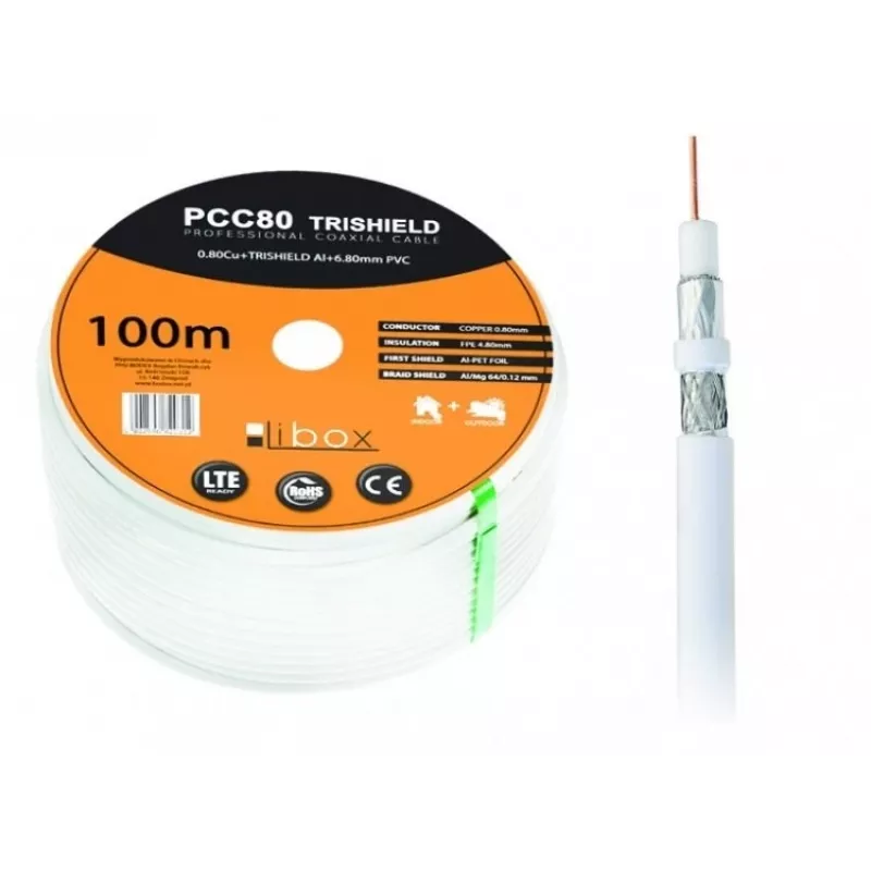 Koaksiaalkaabel LIBOX PCC80 RG-6/U 100 m, FEP-mantel, 0,8 mm vaskjuht, alumiiniumvarjestus, valge