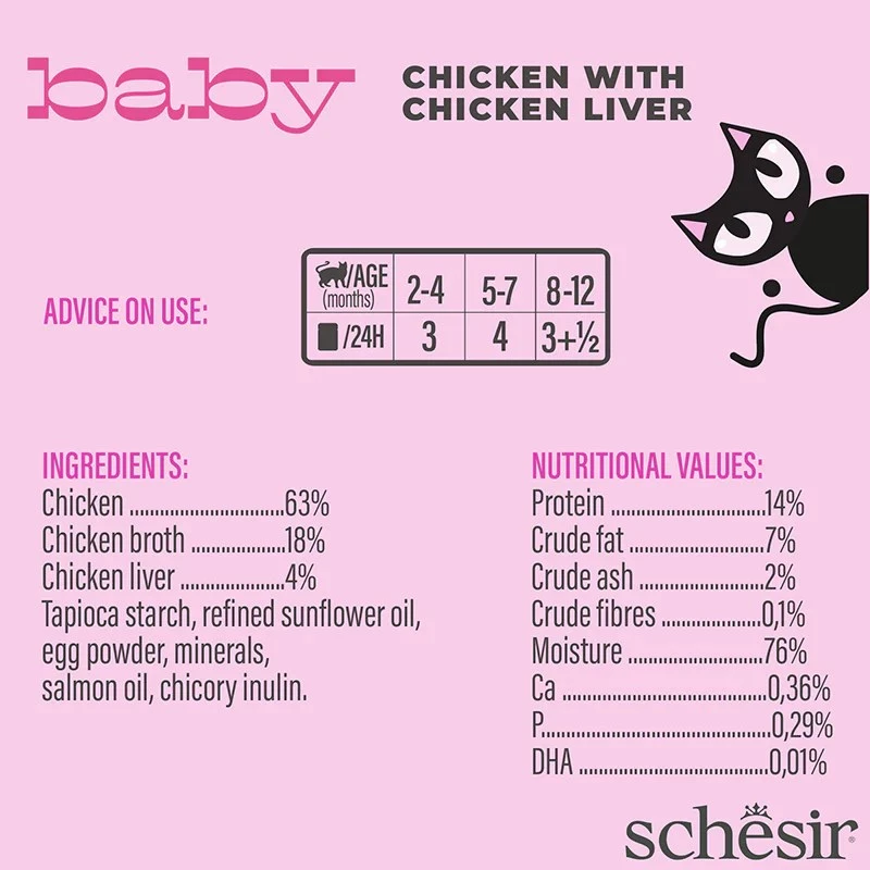 Märg kassitoit Agras Pet Foods Schesir Baby in Brühe 70 g — kana, teravaba, noortele kassidele