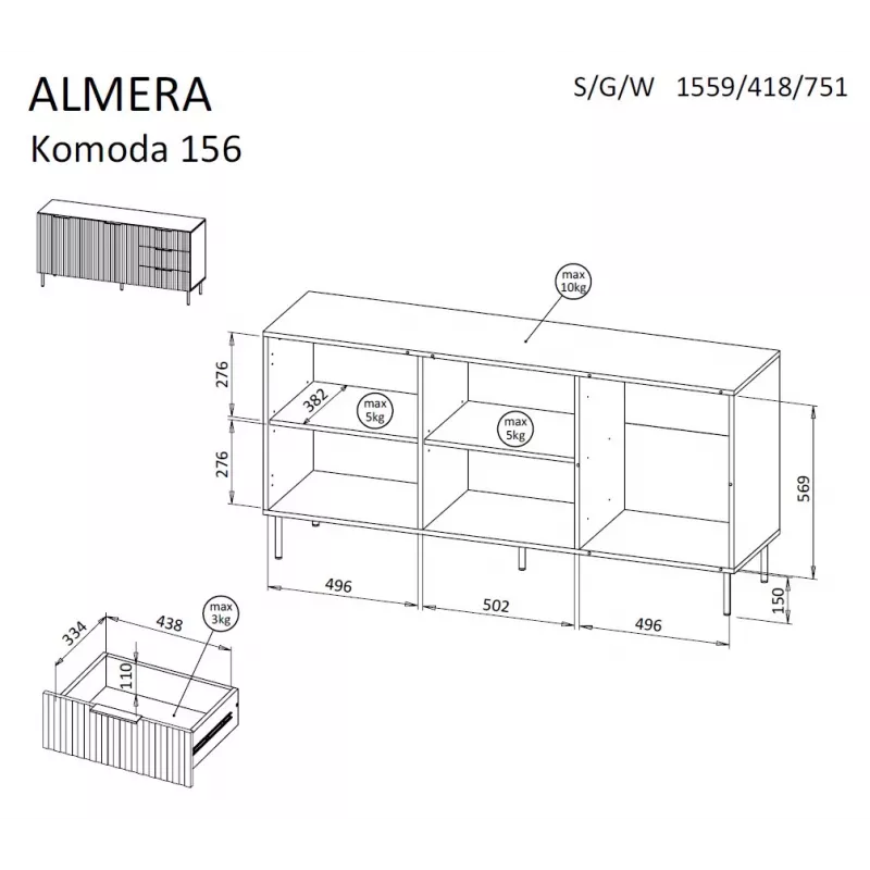 Kummut cama meble ALMERA 156×42×75 cm, pähkel/kašmiir, 3 sahtlit, puitlaastplaat