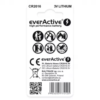 Nööpelement liitiumaku everActive CR2016 — 3 V, 20 mm läbimõõt, 1,6 mm kõrgus, 2 tk pakend
