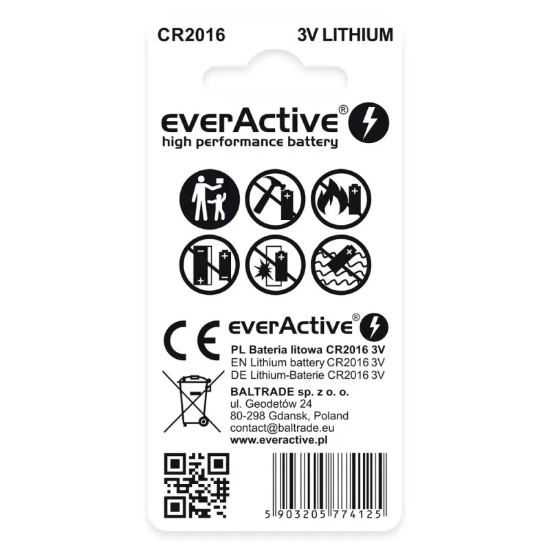 Nööpelement liitiumaku everActive CR2016 — 3 V, 20 mm läbimõõt, 1,6 mm kõrgus, 2 tk pakend