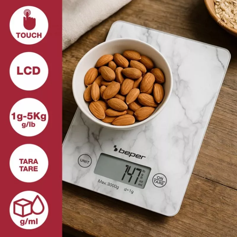 Köögikaal Beper P102BIL004 - digitaalne, 5 kg, 1 g, valge marmor